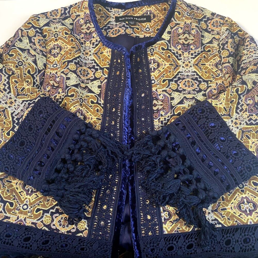 Boston Proper Fringe Tapestry Novelty Jacket Velvet Trim Size 14 Multicolor NWOT - Picture 3 of 16